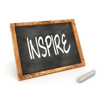 A Colourful 3d Rendered Concept Illustration showing "Inspire" writen on a Blackboard with white chalk