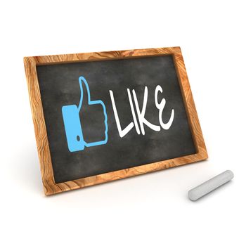 A Colourful 3d Rendered Concept Illustration showing "Like", as used on social networks writen on a Blackboard with white chalk