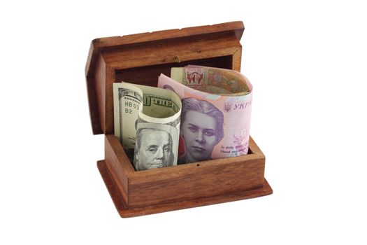 Wooden box with the money/the dollars and hryvnia