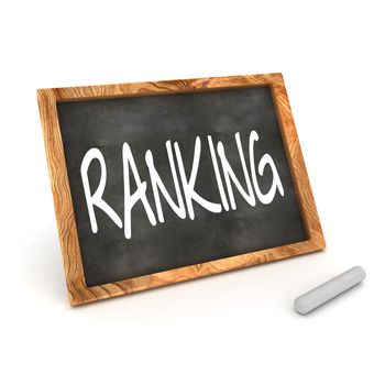 A Colourful 3d Rendered Concept Illustration showing "RANKING" writen on a Blackboard with white chalk