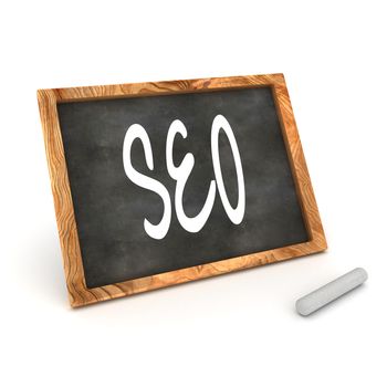 A Colourful 3d Rendered Concept Illustration showing "SEO" writen on a Blackboard with white chalk