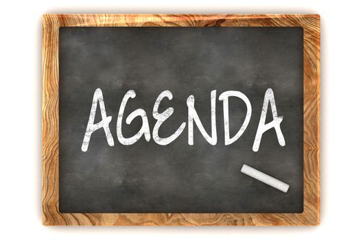 A Colourful 3d Rendered Concept Illustration showing "Agenda" writen on a Blackboard with white chalk