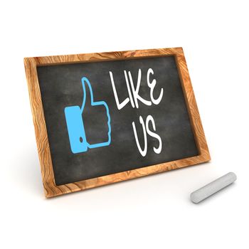 A Colourful 3d Rendered Concept Illustration showing "Like us", as used on social networks writen on a Blackboard with white chalk