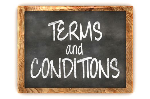 A Colourful 3d Rendered Concept Illustration showing "Terms and Conditions" writen on a Blackboard with white chalk