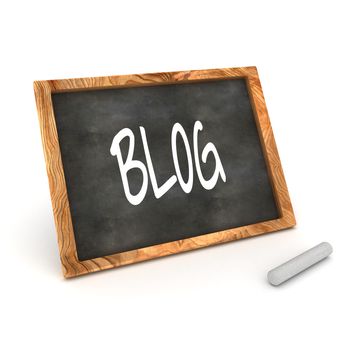A Colourful 3d Rendered Concept Illustration showing "Blog" writen on a Blackboard with white chalk