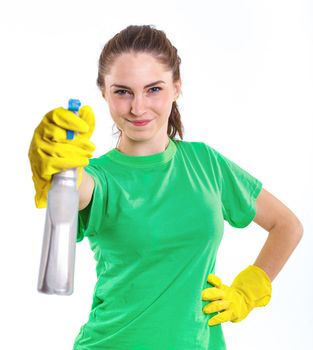 Maid woman is ready for cleaning. Isolated white background