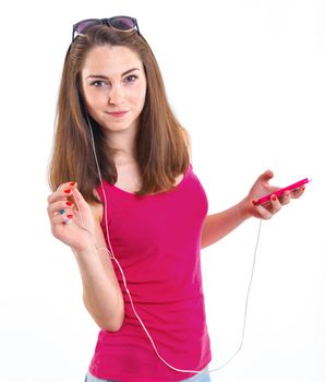 Teenage girl listen music. Isolated white background