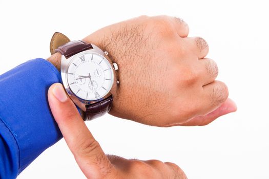Time concept, businessman looking her watch, isolated on white background.