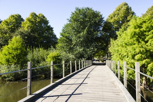 Wooden bridge in green garden in the afternoon