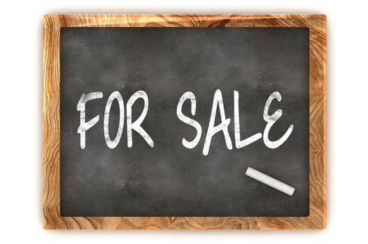 A Colourful 3d Rendered Concept Illustration showing "FOR SALE" writen on a Blackboard with white chalk