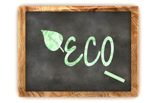 A Colourful 3d Rendered Concept Illustration showing "Eco" writen on a Blackboard with green chalk