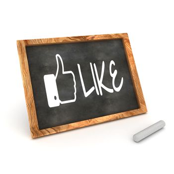 A Colourful 3d Rendered Concept Illustration showing "Like", as used on social networks writen on a Blackboard with white chalk