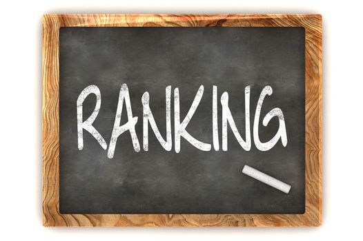 A Colourful 3d Rendered Concept Illustration showing "RANKING" writen on a Blackboard with white chalk