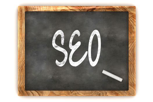 A Colourful 3d Rendered Concept Illustration showing "SEO" writen on a Blackboard with white chalk