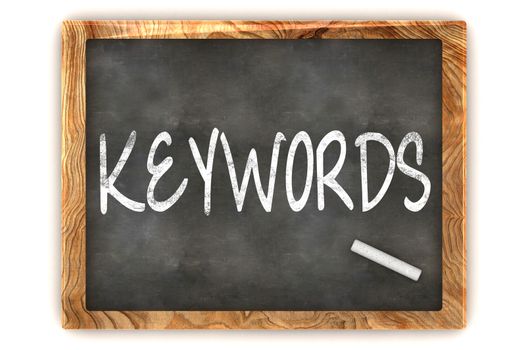 A Colourful 3d Rendered Concept Illustration showing "Keywords" writen on a Blackboard with white chalk