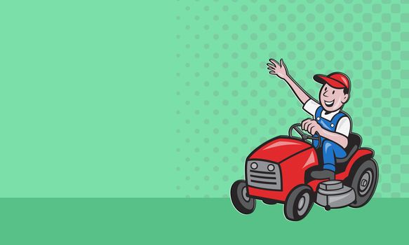 Business card ideal for lawn mowing services showing  illustration of a  gardener landscaper riding on ride-on mower mowing lawn done in cartoon style .