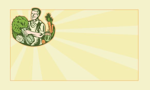 Illustration of an organic farmer green grocer with leafy green vegetables crop farm harvest done in retro woodcut style.