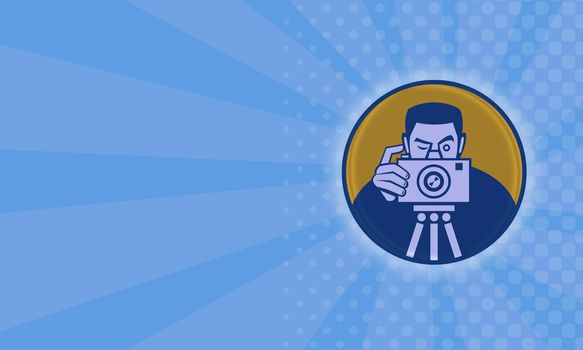 Illustration of a photographer shooting dslr camera front view set inside circle done in retro style business card format.