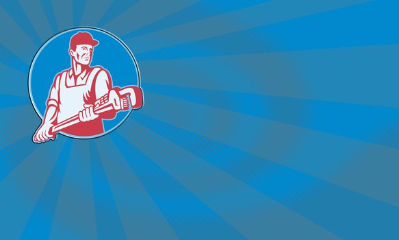 Retro illustration of a plumber worker carrying a giant adjustable monkey wrench viewed from front set inside circle on isolated white background.