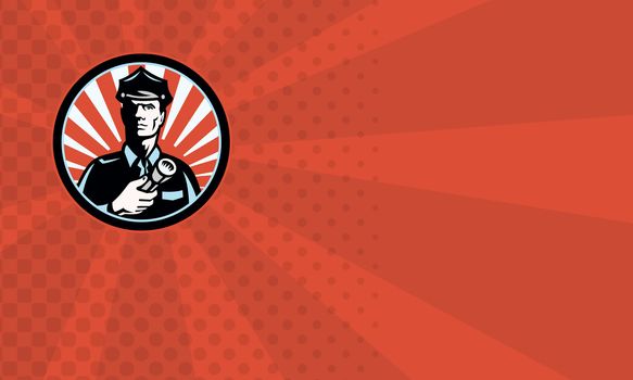 Illustration of a police officer policeman security guard holding a flashlight torch set inside circle done in retro style business card format
