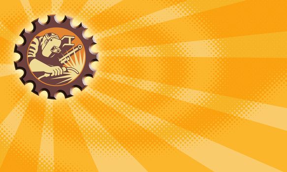 Illustration of a welder fabricator worker welding torch with i-beam pipe and bar set inside gear with sunburst in background done in retro style.
