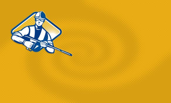 Illustration of a worker with water blaster pressure power washing sprayer spraying set inside diamond shape facing front done in retro style.

