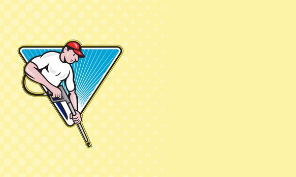 Business card ideal for power washing contractor showing illustration of a worker with water blaster pressure power washing sprayer spraying set inside circle done in cartoon style.


