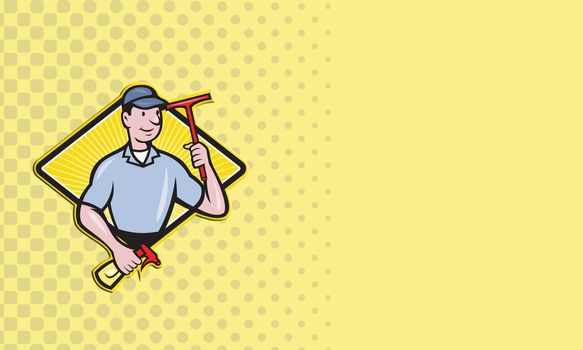 Business card ideal for window cleaning contractor company with illustration of window cleaner with squeegee and spray bottle set inside diamond shape done in cartoon style.