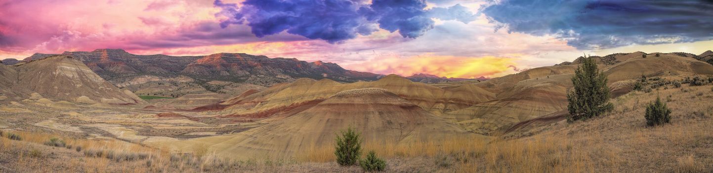 Painted Hills at John Day Fossil National Monument in High Desert Central Oregon at Sunset Panorama