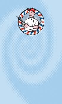 Business card showing illustration of a barber with arms crossed holding a pair of scissors  comb.