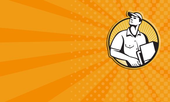 business card showing illustration of a delivery man worker pushing dolly pushcart loaded with carton facing front set inside circle done in retro style.