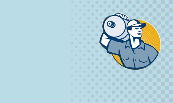 Business card showing illustration of a delivery worker carrying five gallon water jug on shoulder facing front set inside circle done in retro style.