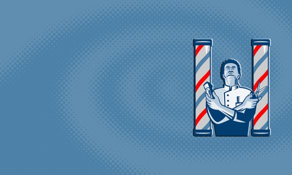 Business card showing illustration of an african american barber with arms crossed holding a hair clipper and a pair of scissors with upright barber's  pole .