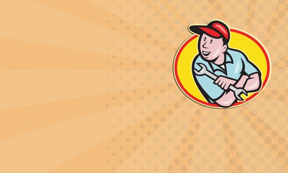 business card showing illustration of a mechanic with arms crossed and holding a spanner wrench done in cartoon style.