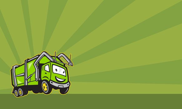 Business card format showing Illustration of garbage rubbish truck done in cartoon style.