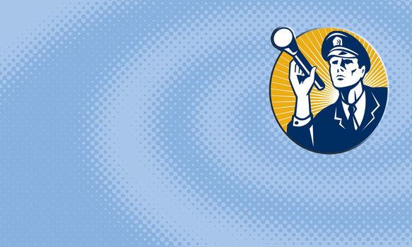 Business card format showing illustration of a police officer policeman security guard holding a flashlight torch set inside circle done in retro style.