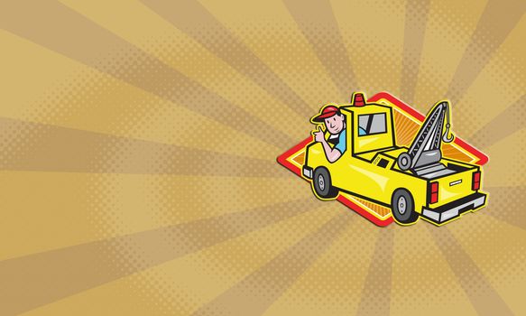 Business card format  illustration of a tow truck wrecker with driver thumb up set inside diamond.
