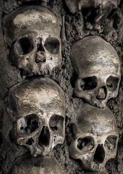 Wall full of skulls and bones in the bone chapel in Evora, Portugalhe bone chapel in Evora, Portugal