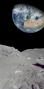 Image of the earth from a rocky ground that could be the moon. parts of image furnished by NASA