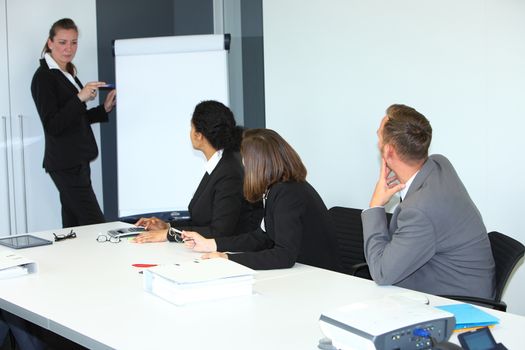Businessswoman giving a presentation using a flipchart during a meeting with her team or colleagues or while giving inhouse training