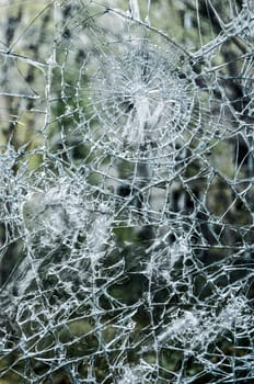 closeup of a window shattered in many pieces