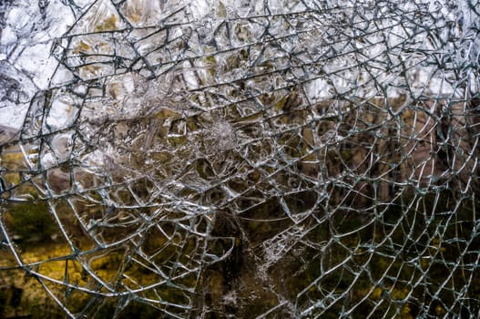 closeup of a window shattered in many pieces