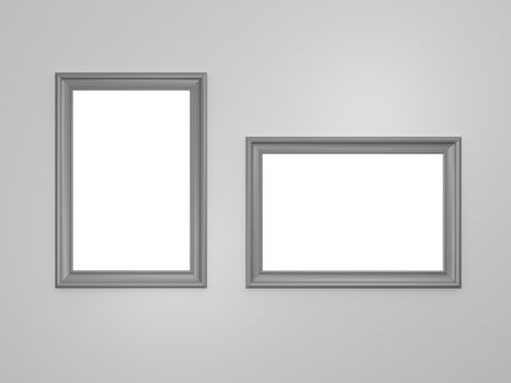 Blank horizontal wooden photo frames on gray wall.