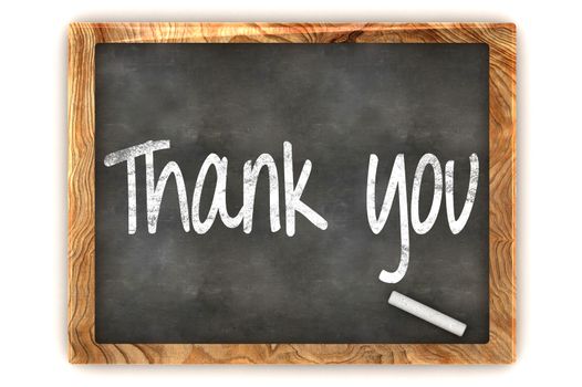 A Colourful 3d Rendered Concept Illustration showing "Thank You" writen on a Blackboard with white chalk