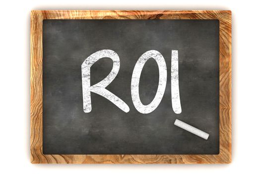 A Colourful 3d Rendered Concept Illustration showing "ROI" writen on a Blackboard with white chalk