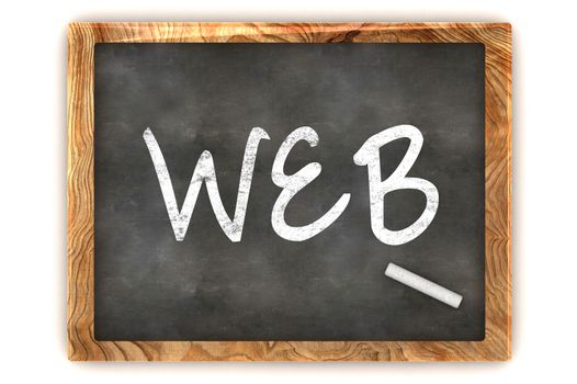 A Colourful 3d Rendered Concept Illustration showing "Web" writen on a Blackboard with white chalk