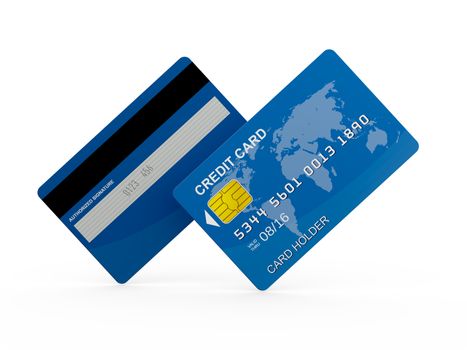 Blue realistic credit card, front and back view on isolated white background.