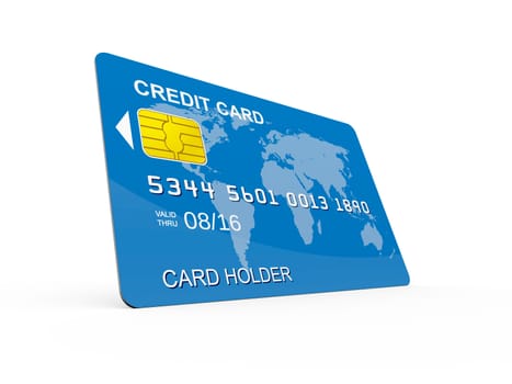 Blue credit card on perspective, isolated on white.