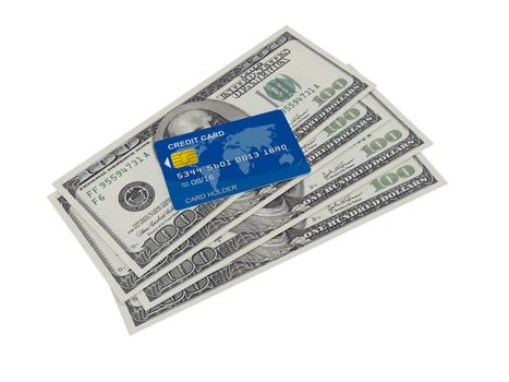 Blue credit card on one hundred dollar bills, isolated on white.