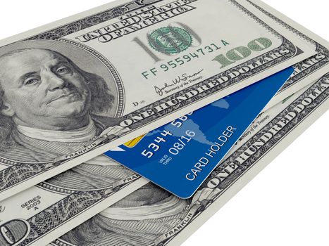 Dollar bills and blue credit card, isolated on white.